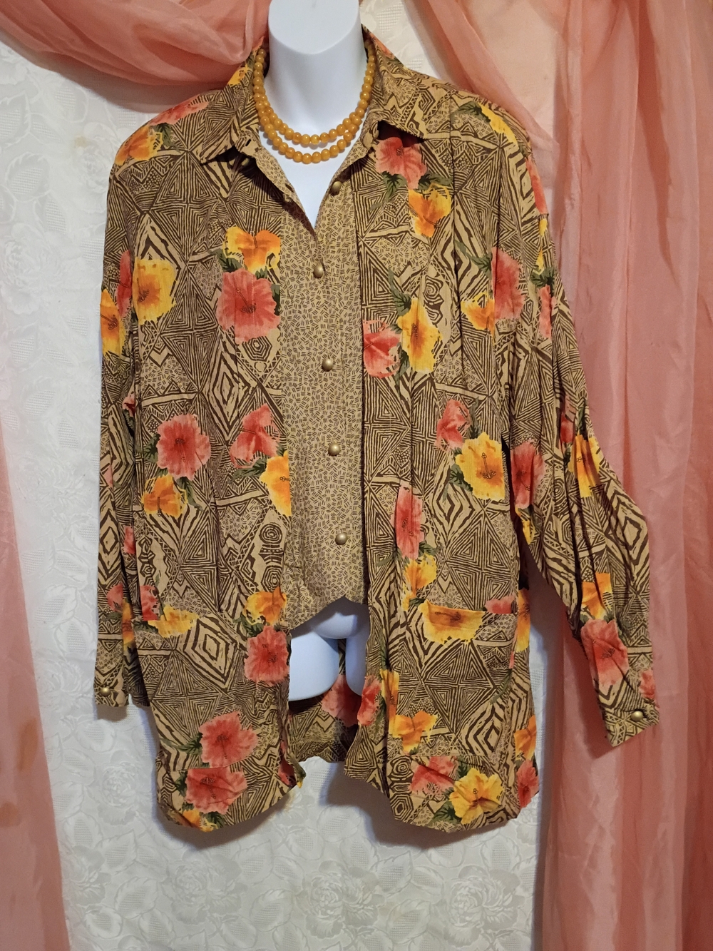 Leslie Fay Ladies Brown Floral Button-Up Tunic with Orange & Yellow Blooms Sz 14